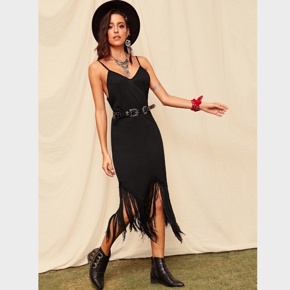 Fringe Detail Black Boho Cami Dress Asymmetrical - Picture 3 of 9